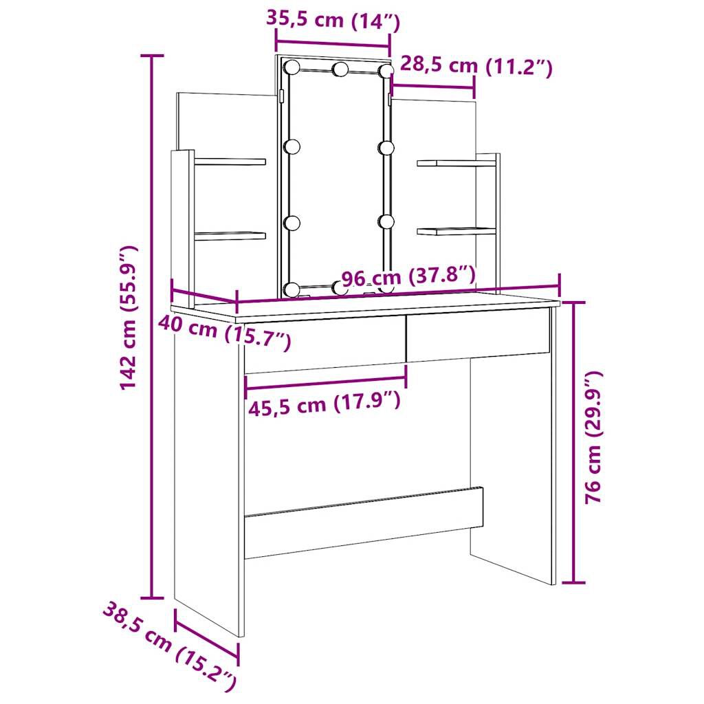 vidaXL Μπουντουάρ με LED Φώτα τεχνίτης Δρυς 96x40x142 εκ.