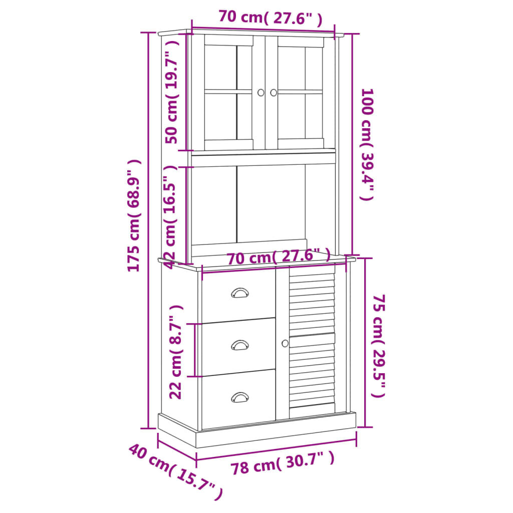vidaXL Βιτρίνα VIGO Λευκή 78 x 40 x 175 εκ. από Μασίφ Ξύλο Πεύκου