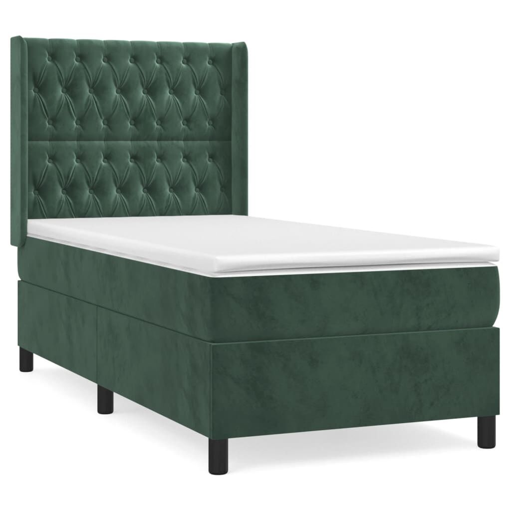 vidaXL Κρεβάτι Boxspring με Στρώμα Σκούρο Πράσινο 90x190 εκ. Βελούδινο