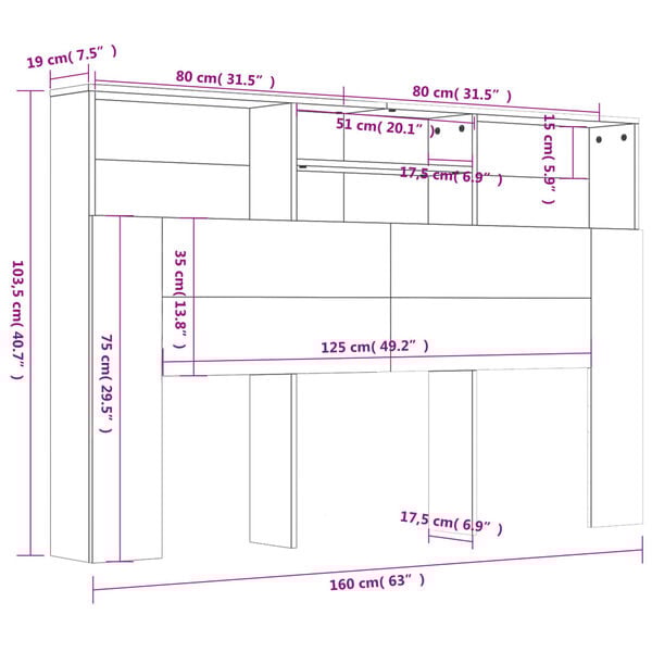 vidaXL Κεφαλάρι Με Αποθηκευτικό Χώρο Γκρι Sonoma 160 x 19 x 103,5 εκ.