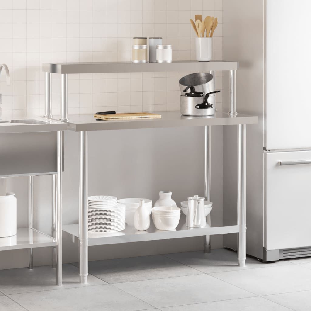 vidaXL Πάγκος Εργασίας Κουζίνας με Ράφι 110x55x120 εκ. Ανοξείδ. Ατσάλι