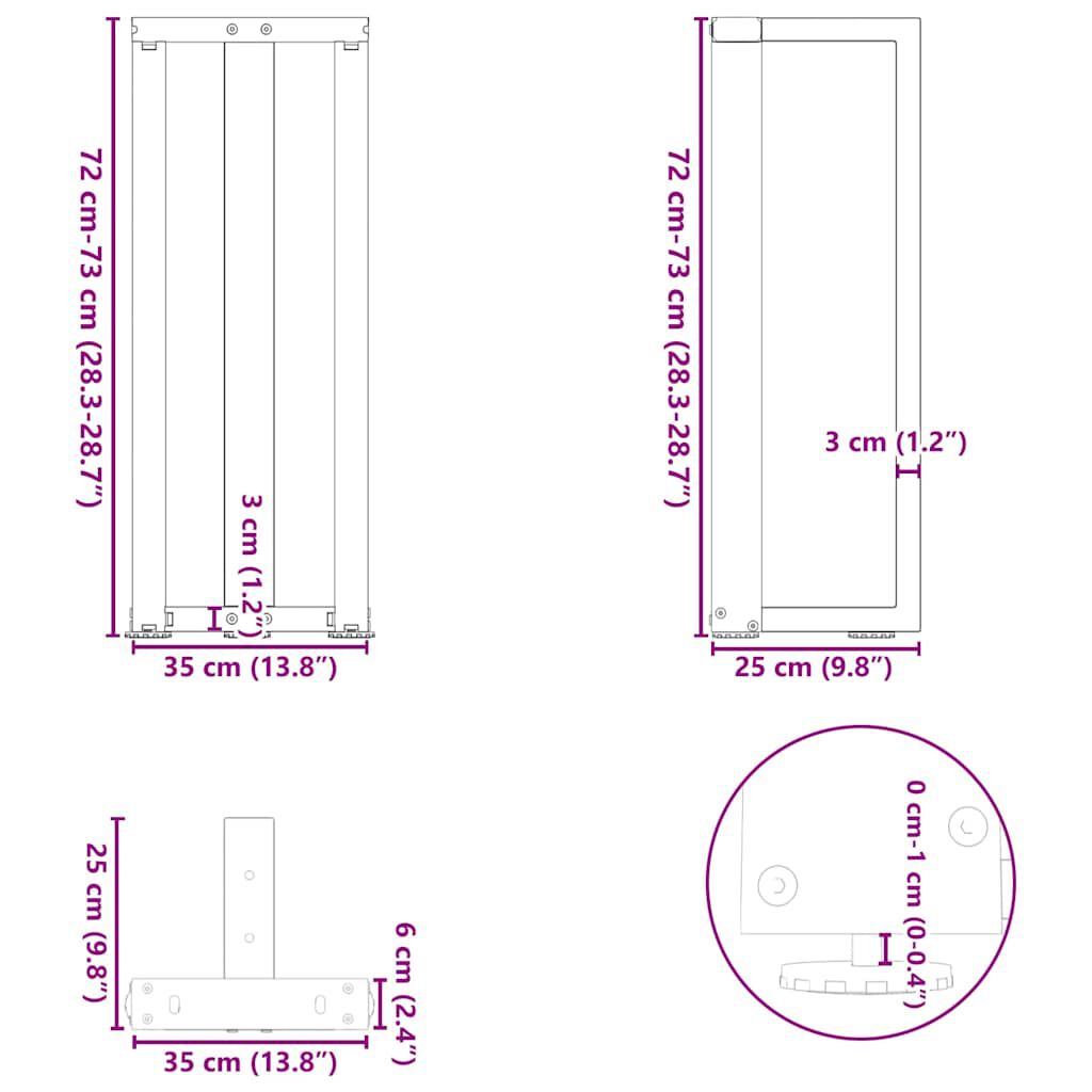vidaXL Πόδια Κονσόλας σε Σχήμα Τ, 2 τεμ. Μαύρο 38x25x(72-73) εκ. Ατσάλι