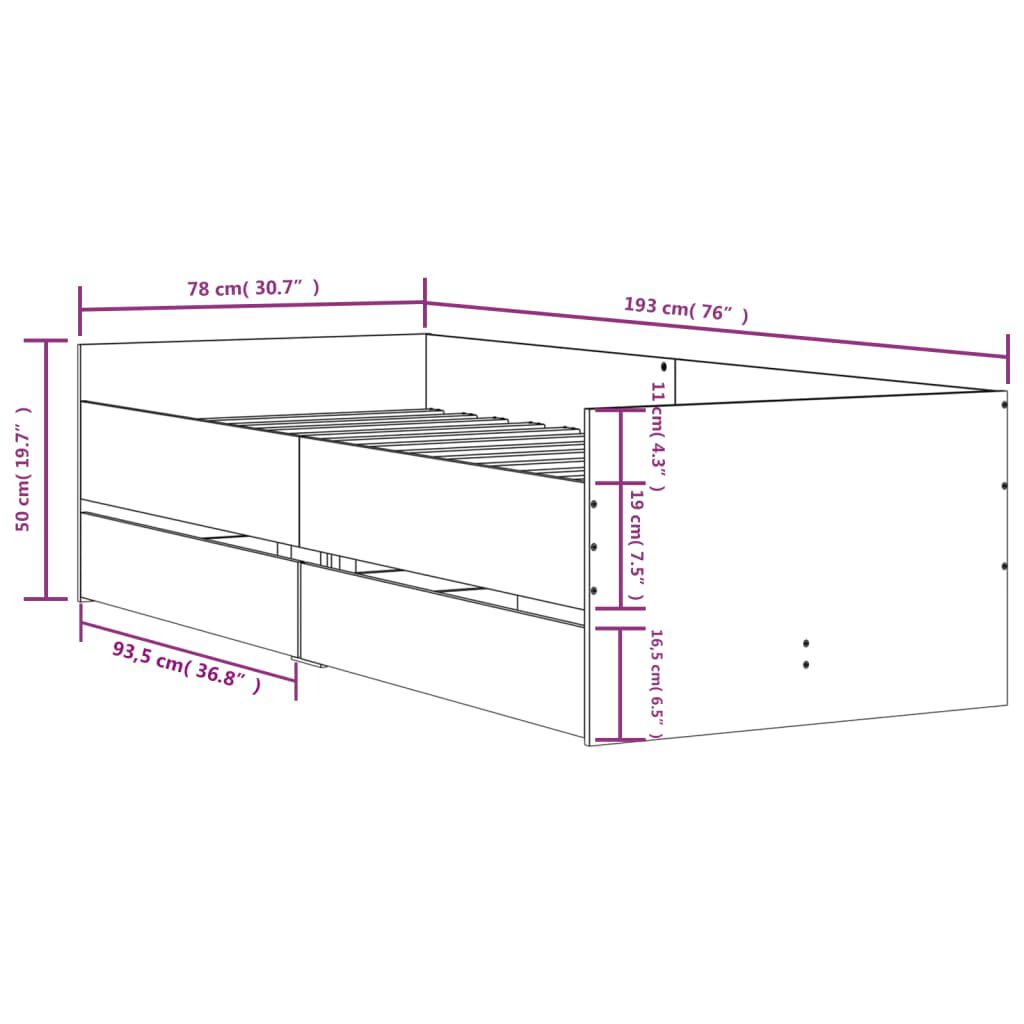 vidaXL Πλαίσιο Κρεβατιού Με Συρτάρια Γκρι Sonoma 75x190εκ Small Single