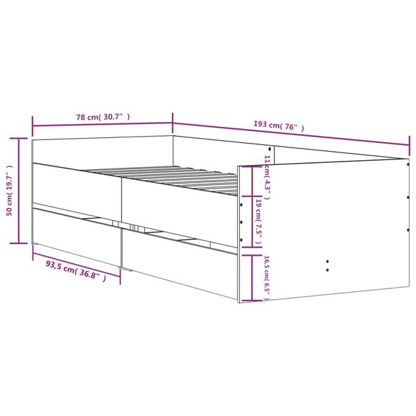 vidaXL Πλαίσιο Κρεβατιού Με Συρτάρια Γκρι Sonoma 75x190εκ Small Single