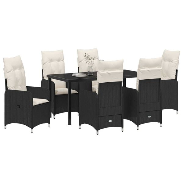 vidaXL Σέτ φαγητού για κήπο με μαξιλάρι 7 pcs Μαύρο Πολυ ράταν