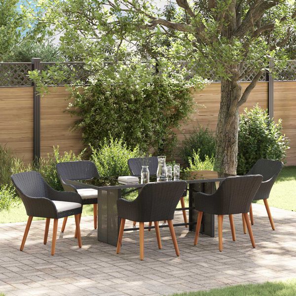 vidaXL Σέτ φαγητού για κήπο με μαξιλάρι 7 pcs Μαύρο συνθετικό ρατάν
