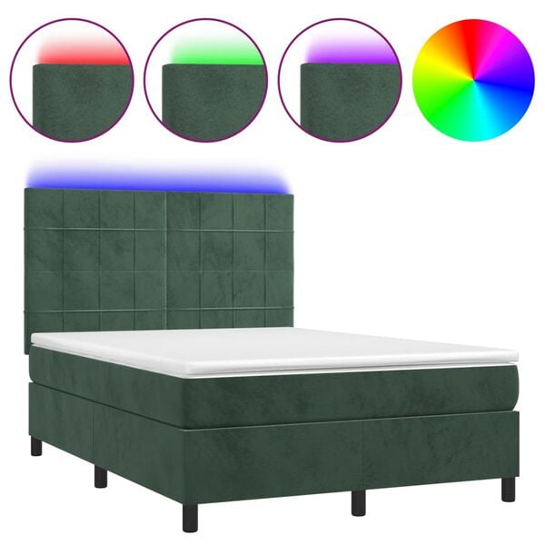 vidaXL Κρεβάτι Boxspring με Στρώμα & LED Σκ. Πράσινο 140x190εκ Βελούδο