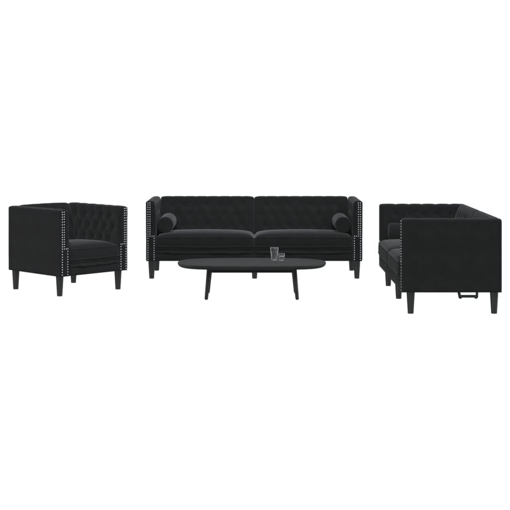 vidaXL Καναπές Chesterfield Σετ 3 Τεμ. με Στηρίγματα Μαύρο Βελούδο