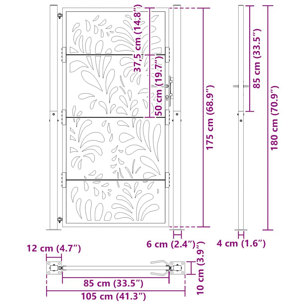 vidaXL Πύλη κήπου Μαύρη 105x180 cm Ατσάλινο σχέδιο κύματος
