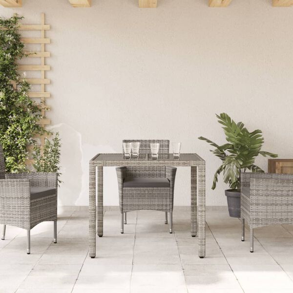 vidaXL Τραπέζι Κήπου με Γυάλινη Επιφάνεια Γκρι 90x90x75 εκ Συνθ. Ρατάν