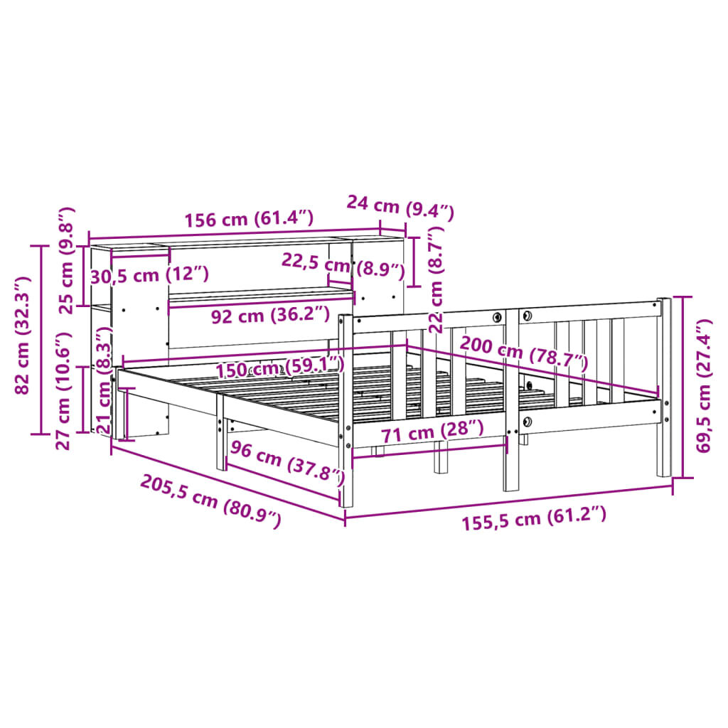 vidaXL Κρεβάτι Βιβλιοθήκη Χωρίς Στρώμα 150x200 εκ Μασίφ Ξύλο Πεύκου