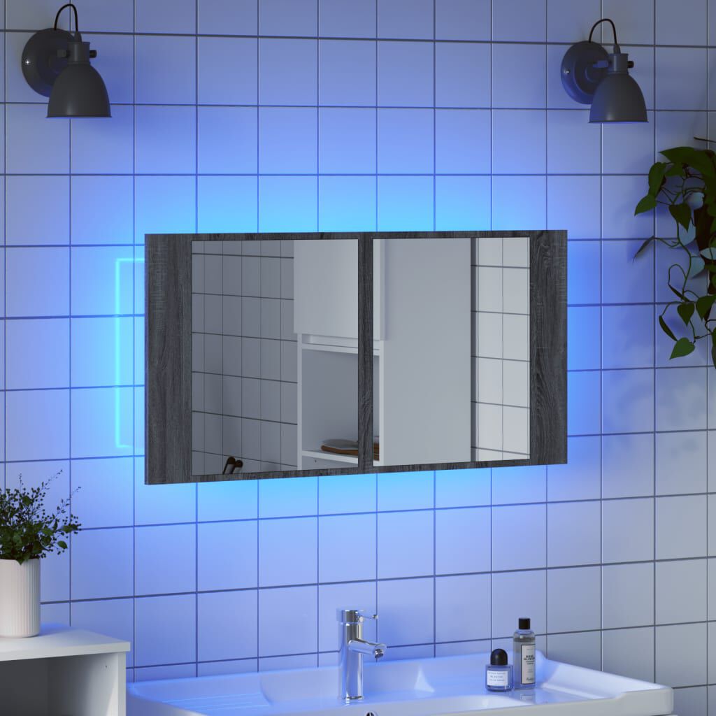 vidaXL Ντουλάπι Μπάνιου Καθρέφτη LED Γκρι Sonoma 90x12x45εκ. Ακρυλικό
