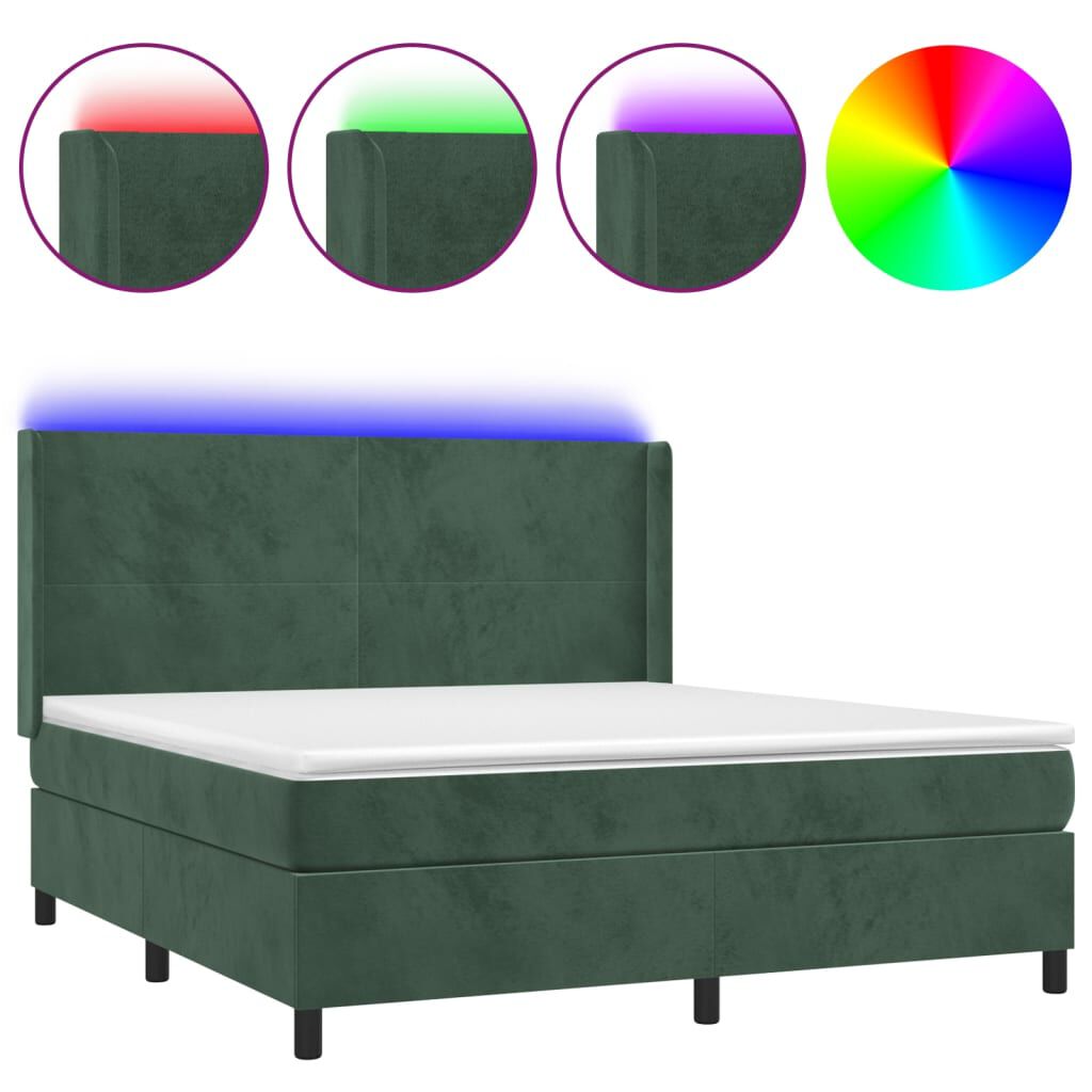 vidaXL Κρεβάτι Boxspring με Στρώμα & LED Σκ. Πράσινο 160x200εκ Βελούδο