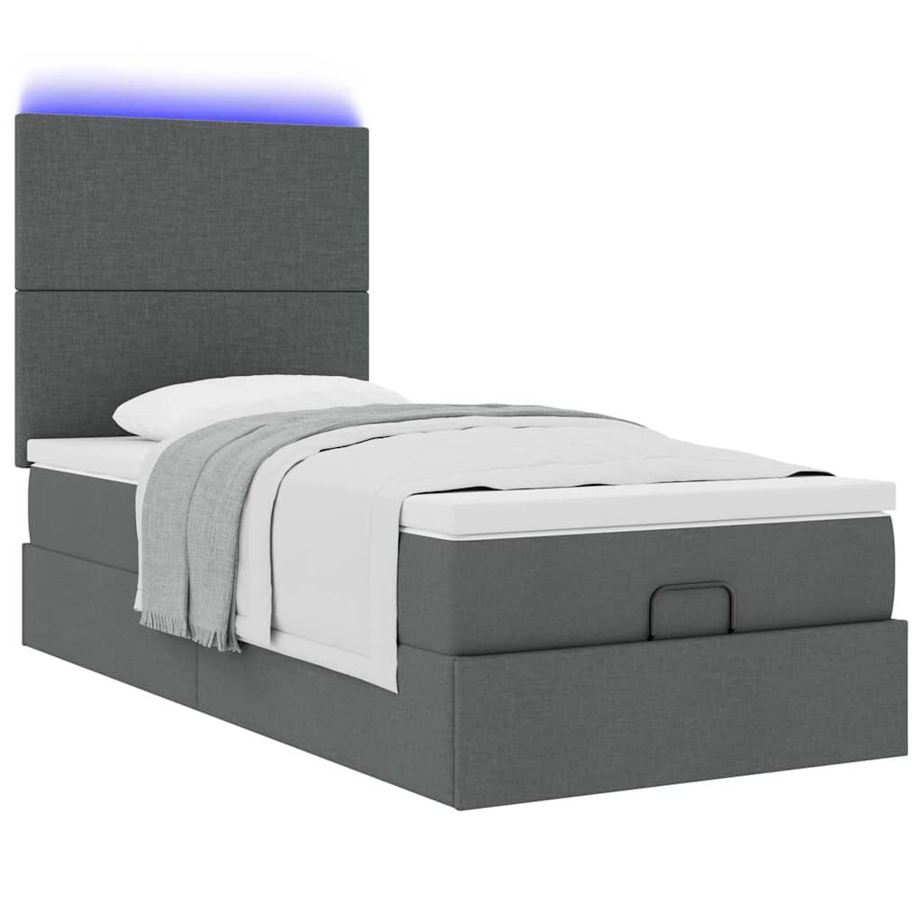 vidaXL Οθωμανικό κρεβάτι με στρώμα & LEDs Σκούρο γκρι 90x200 cm Ύφασμα