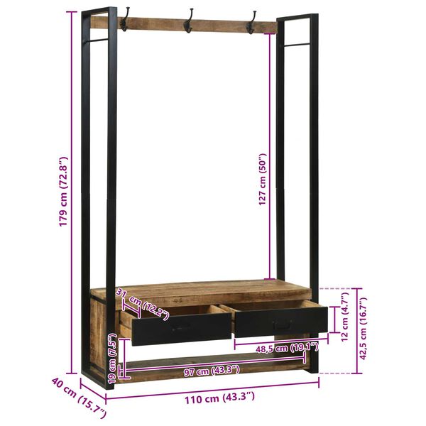 vidaXL Ράφι Ρούχων με γάντζους και ράφια 110x40x185 εκ. Μασίφ ξύλο μάνγκο