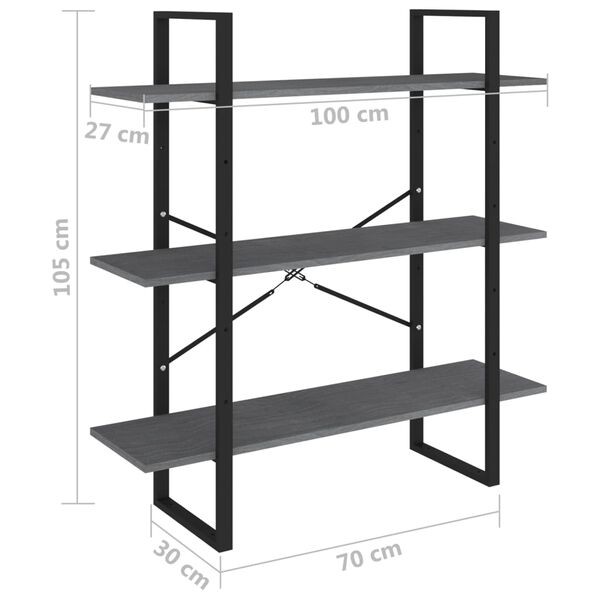 vidaXL Βιβλιοθήκη με 3 Ράφια Γκρι 100x30x105 εκ. από Μασίφ Ξύλο Πεύκου