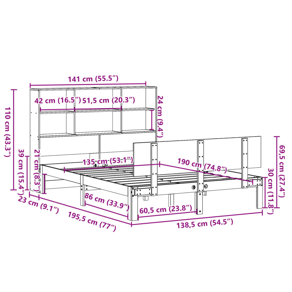 vidaXL Κρεβάτι Βιβλιοθήκη Χωρίς Στρώμα 135x190 εκ Μασίφ Ξύλο Πεύκου