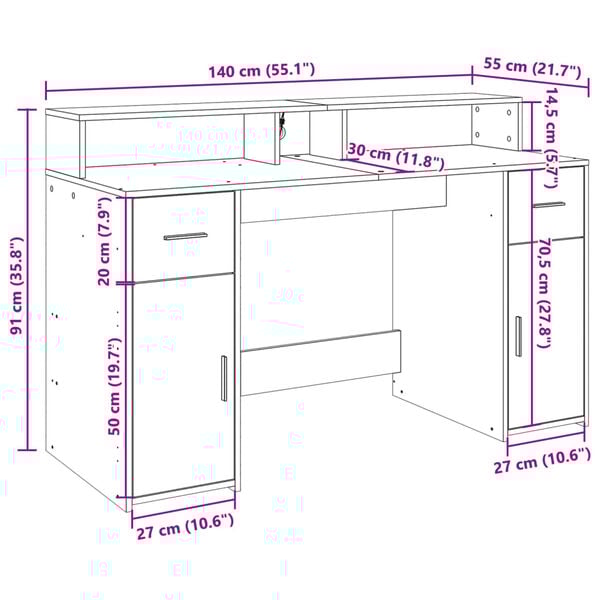 vidaXL Γραφείο με LED Sonoma δρυς 140x55x91 εκ. Επεξεργ. Ξύλο