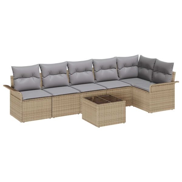 vidaXL Σετ Καναπέ Κήπου με μαξιλάρι 7 pcs Μπεζ Πολυ ράταν
