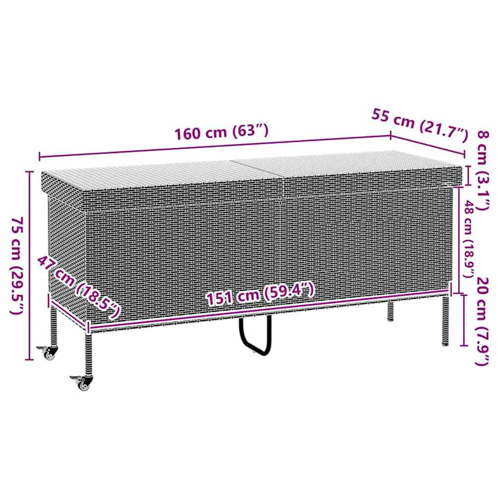 vidaXL Κουτί Αποθήκευσης Κήπου με Ρόδες 160x55x75 εκ. Συνθετικό Ρατάν