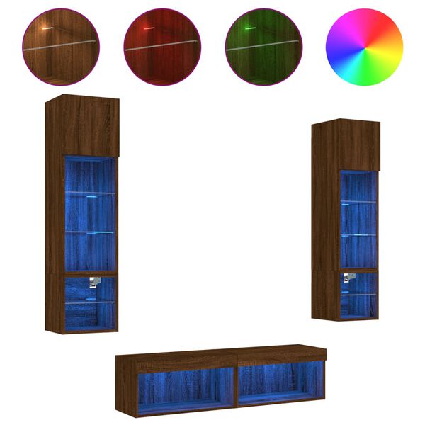 vidaXL Έπιπλα Τοίχου Τηλεόρασης 6 τεμ. LED Καφέ Δρυς από Επεξ. Ξύλο