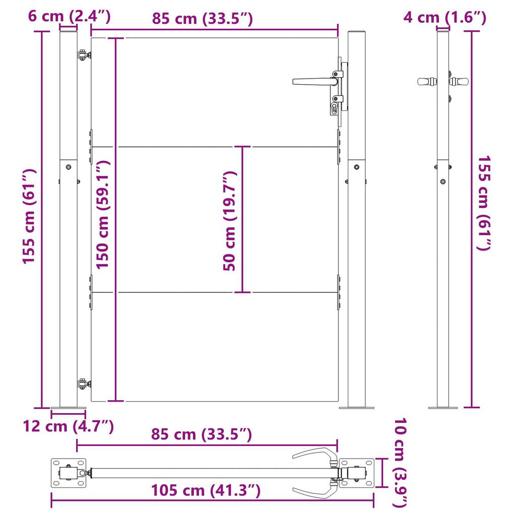 vidaXL Πύλη Κήπου Μαύρο 105 x 150 cm Ατσάλι με Επικάλυψη Πούδρας