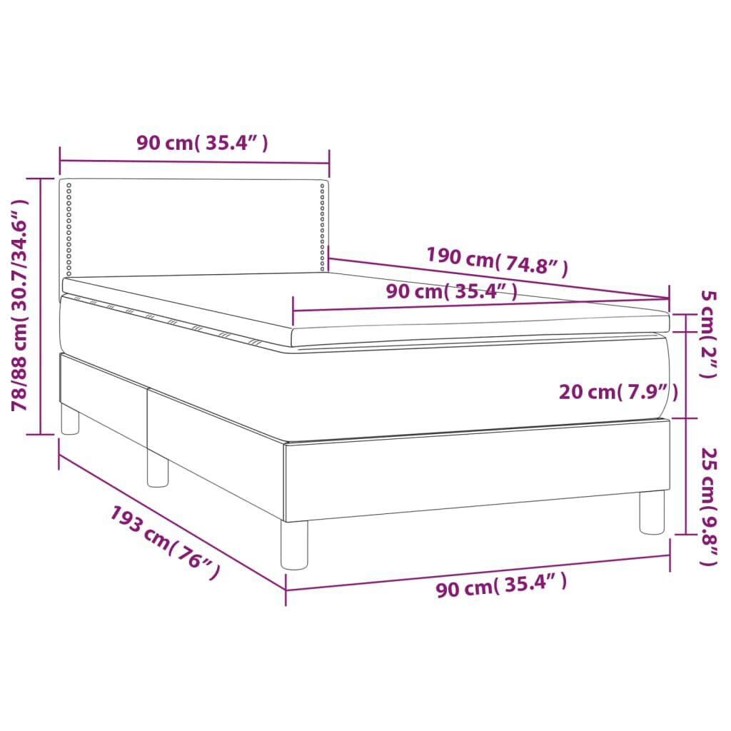 vidaXL Κρεβάτι Boxspring με Στρώμα & LED Σκ. Μπλε 90x190 εκ. Βελούδινο