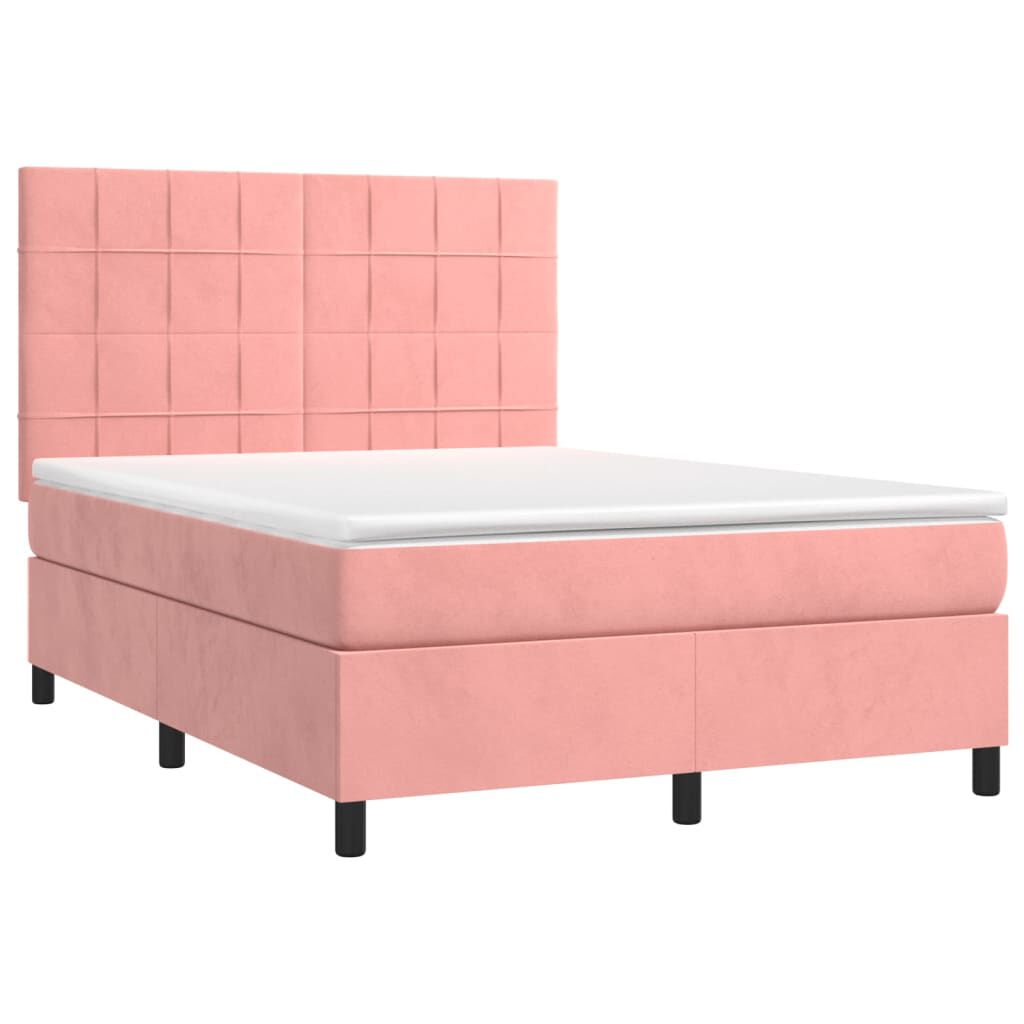 vidaXL Κρεβάτι Boxspring με Στρώμα & LED Ροζ 140x200 εκ. Βελούδινο