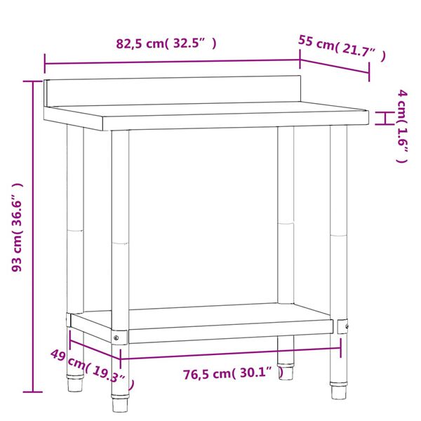 vidaXL Πάγκος Εργασίας Κουζίνας με Πλάτη 82,5x55x93 εκ. Ανοξ. Ατσάλι