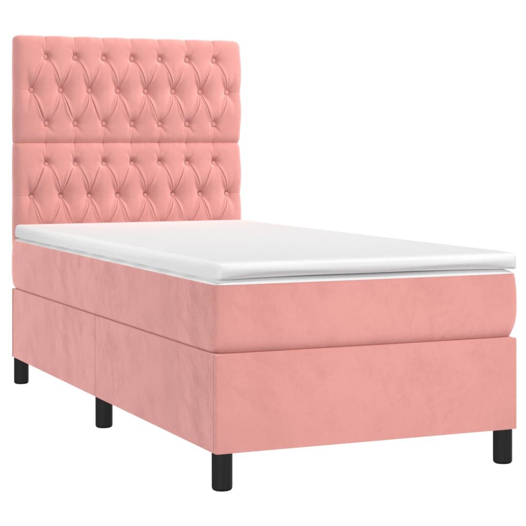 vidaXL Κρεβάτι Boxspring με Στρώμα & LED Ροζ 90x190 εκ. Βελούδινο