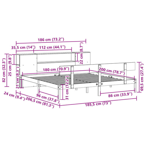 vidaXL Κρεβάτι Βιβλιοθήκη Χωρίς Στρώμα 180x200 εκ Μασίφ Ξύλο Πεύκου