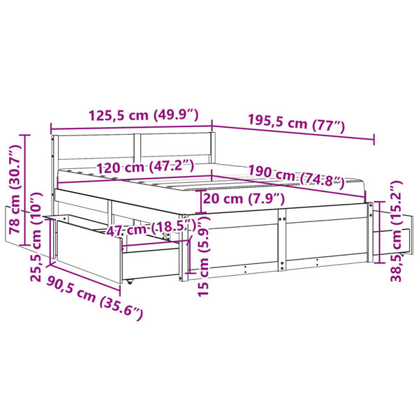 vidaXL Κρεβάτι με Συρτάρια+Στρώμα Καφέ 120x190 εκ. Μασίφ Ξύλο Πεύκου