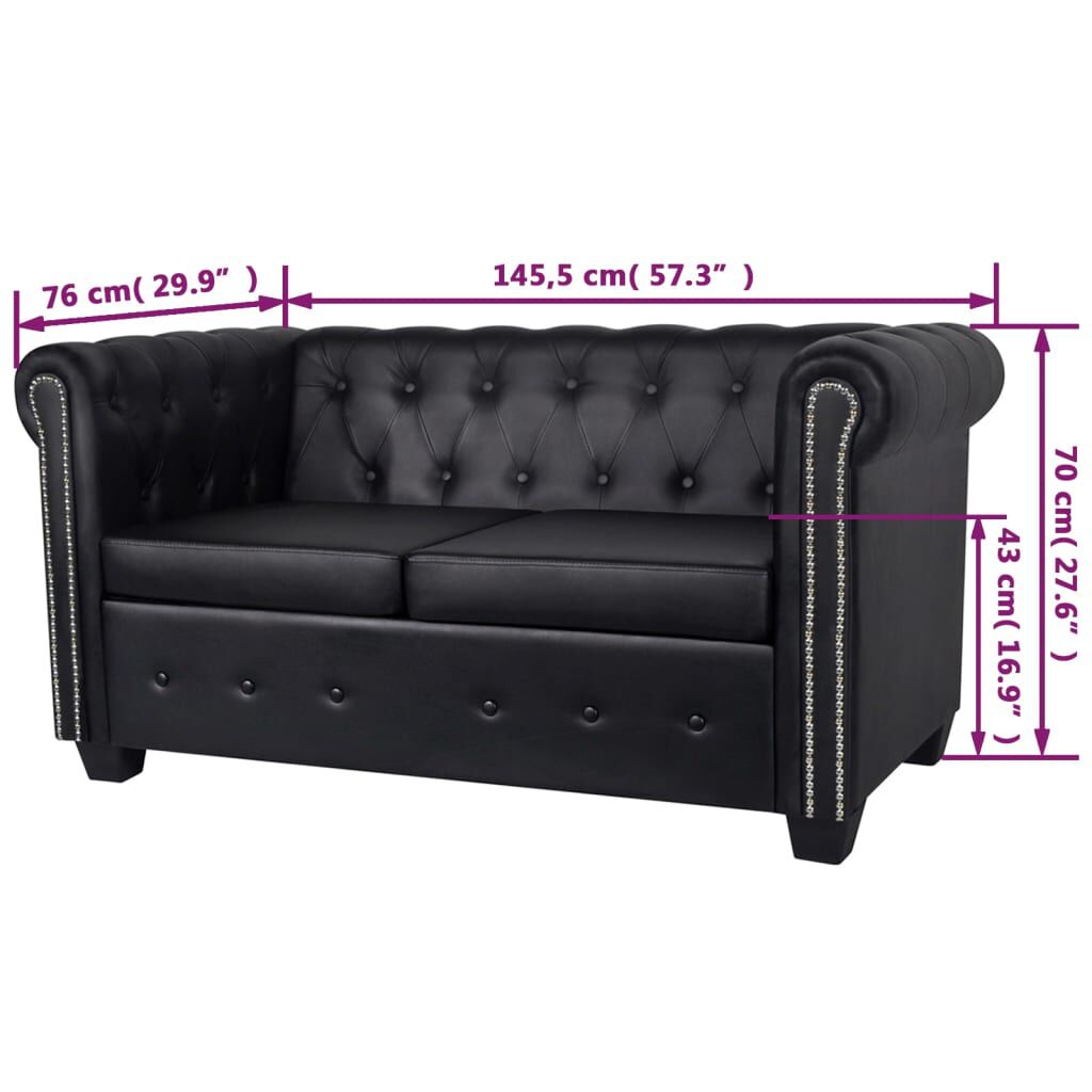 vidaXL Καναπές Διθέσιος Chesterfield Μαύρος από Συνθετικό Δέρμα