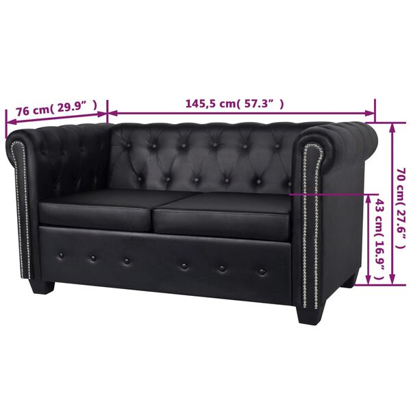 vidaXL Καναπές Διθέσιος Chesterfield Μαύρος από Συνθετικό Δέρμα