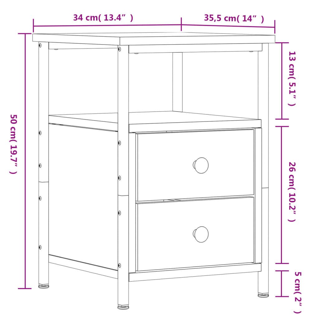 vidaXL Κομοδίνο 2 τεμ. Καφέ Δρυς 34 x 35,5 x 50 εκ. από Επεξεργ. Ξύλο
