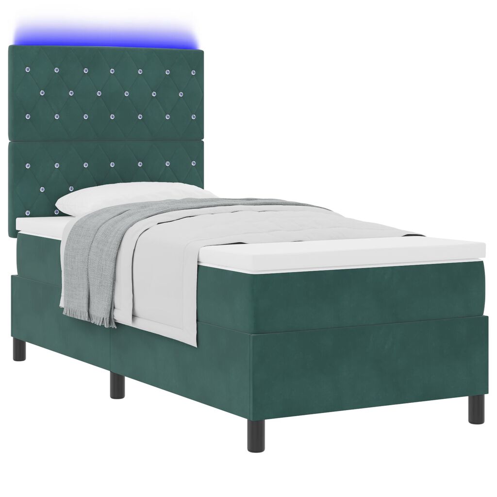 vidaXL κρεβάτι Box Spring με στρώμα και LED Σκούρο Πράσινο 90x190 εκ Βελούδο