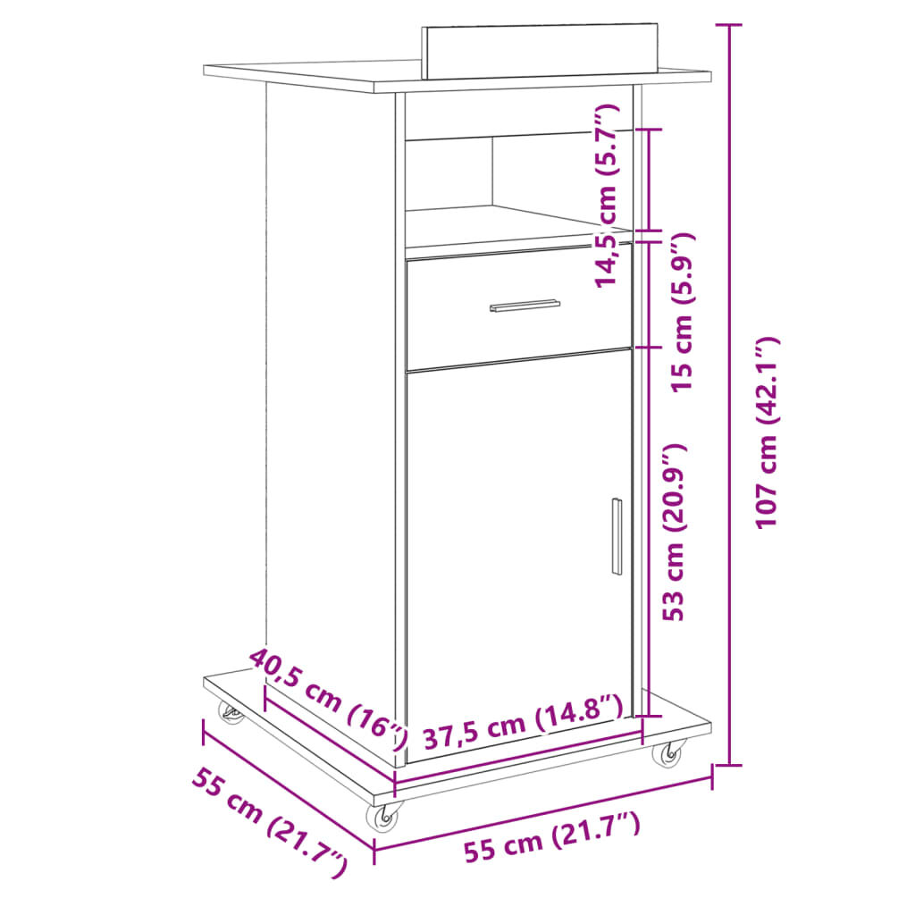 vidaXL Αναλόγιο με Ροδάκια & Συρτάρι Γκρι Σκυρ. 55x55x107εκ Επεξ. Ξύλο
