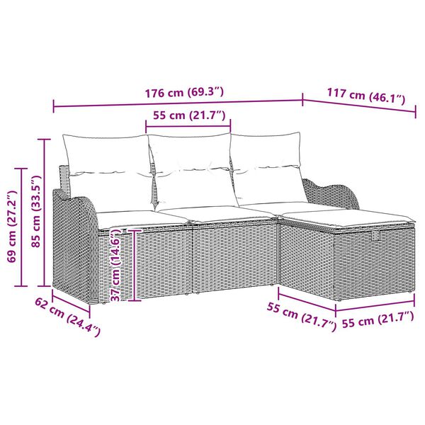 vidaXL Σετ Καναπέ Κήπου με μαξιλάρι 4 pcs Ανοιχτό γκρι Πολυ ράταν