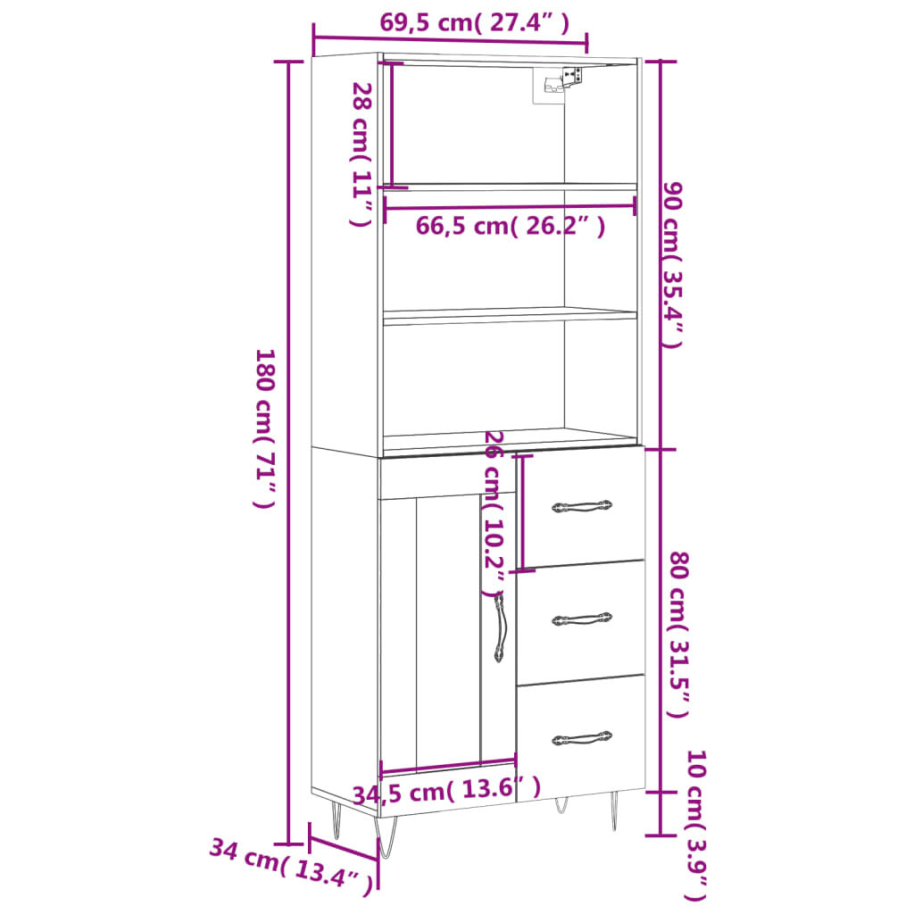 vidaXL Ντουλάπι Λευκό 69,5x34x180 εκ. από Επεξεργασμένο Ξύλο