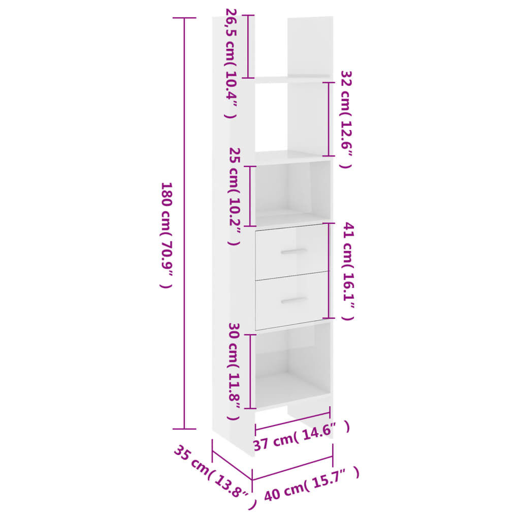 vidaXL Βιβλιοθήκη Γυαλιστερό Λευκό 40 x 35 x 180 εκ. από Επεξ. Ξύλο