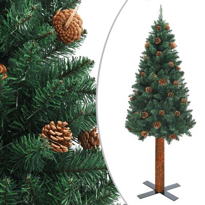 vidaXL Χριστουγ. Δέντρο Slim Πράσινο 150εκ. PVC Αληθ. Ξύλο/Κουκουνάρια