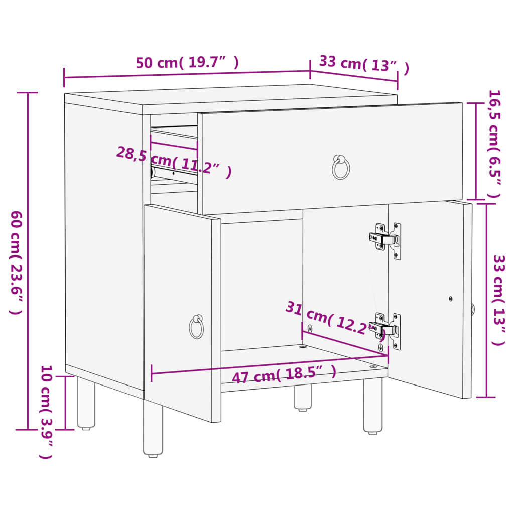 vidaXL Κομοδίνο 50 x 33 x 60 εκ. από Μασίφ Ξύλο Μάνγκο