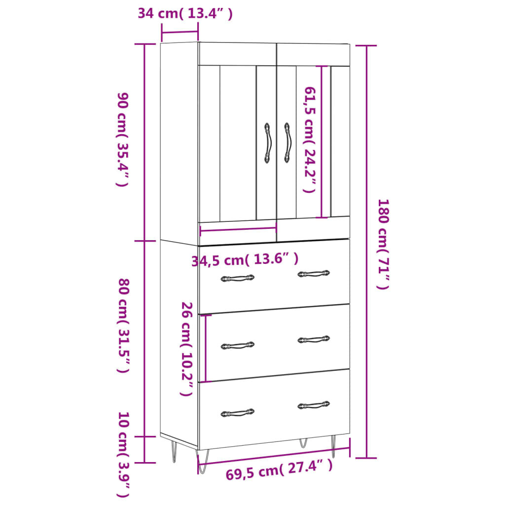 vidaXL Ντουλάπι Γκρι Sonoma 69,5 x 34 x 180 εκ. Επεξεργασμένο Ξύλο