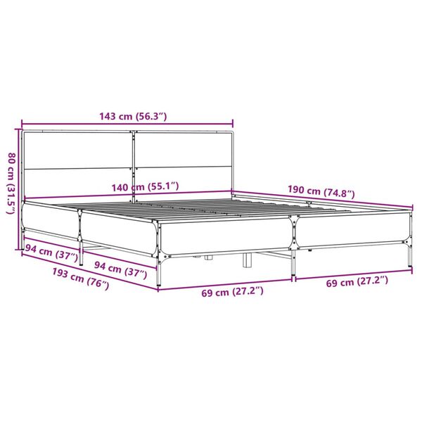 vidaXL Πλαίσιο Κρεβατιού Γκρι Sonoma 140x190 εκ. Επεξ. Ξύλο & Μέταλλο