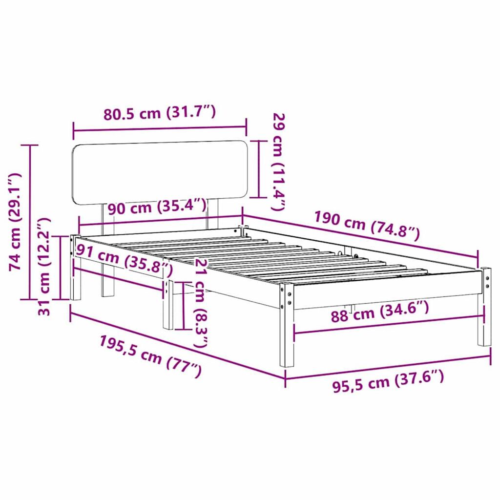 vidaXL Σκελετός Κρεβατιού Λευκό 90 x 190 cm Μασίφ ξύλο πεύκου