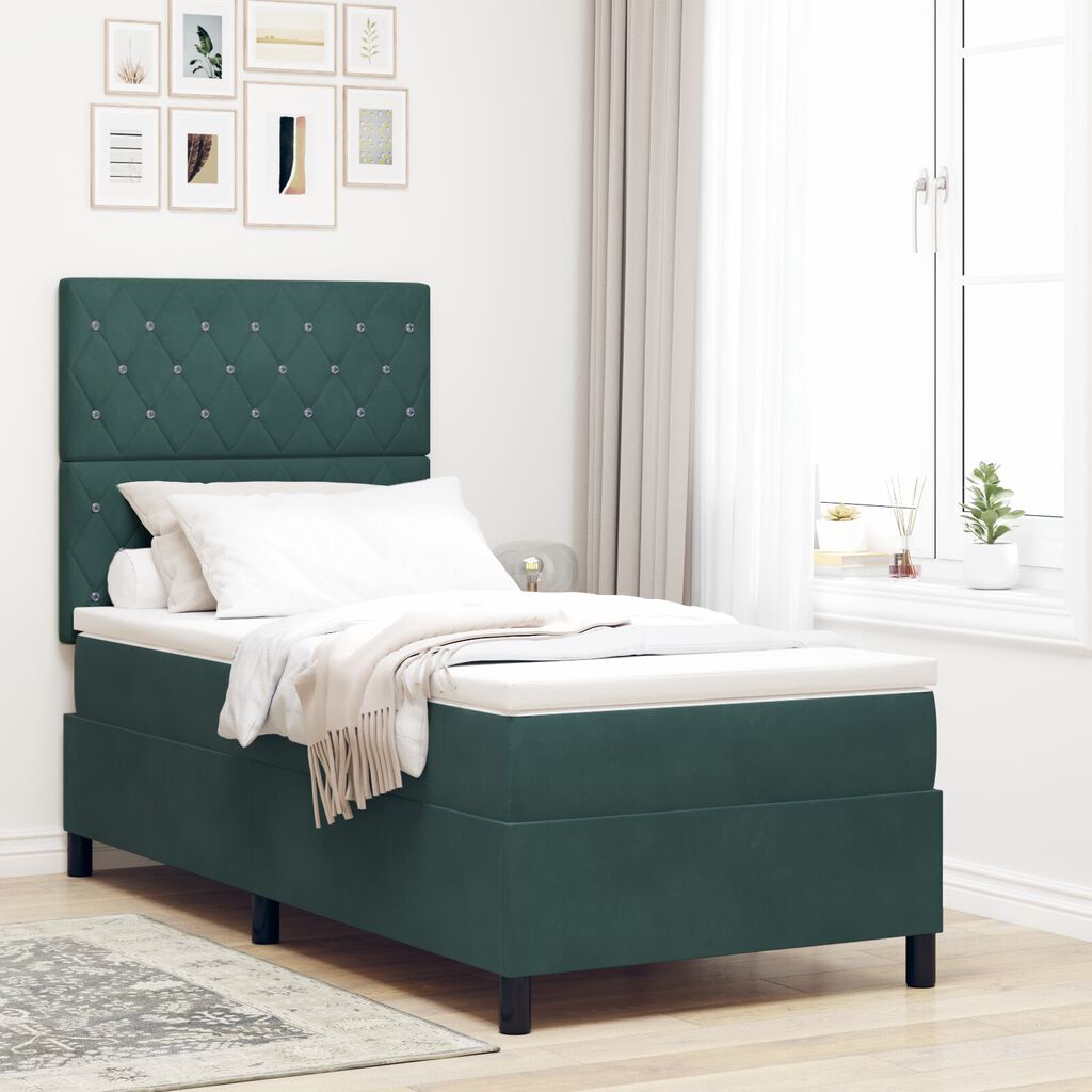 vidaXL κρεβάτι Box Spring με στρώμα και LED Σκούρο Πράσινο 90x190 εκ Βελούδο