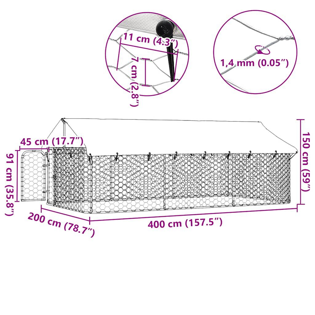 vidaXL Κλουβί Σκύλου Εξωτερικού Χώρου 400 x 200 x 150 εκ. με Στέγαστρο