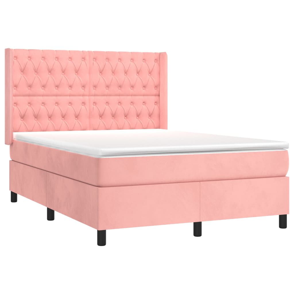 vidaXL Κρεβάτι Boxspring με Στρώμα & LED Ροζ 140x190 εκ. Βελούδινο
