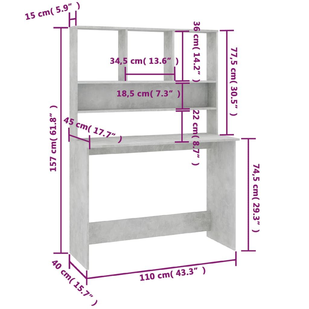 vidaXL Γραφείο με Ράφια Γκρι Σκυροδέματος 110x45x157 εκ. Μοριοσανίδα