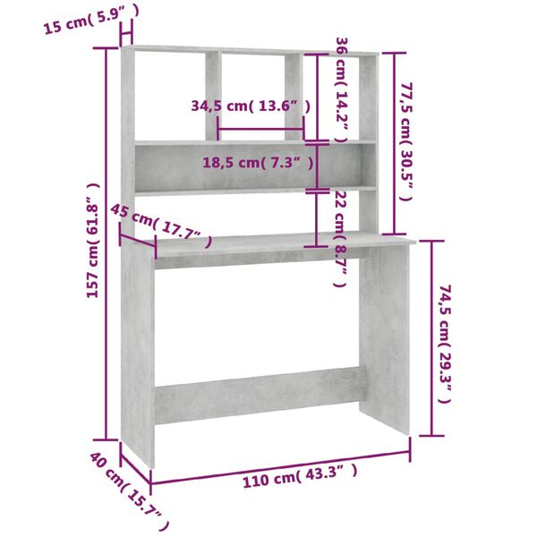 vidaXL Γραφείο με Ράφια Γκρι Σκυροδέματος 110x45x157 εκ. Μοριοσανίδα